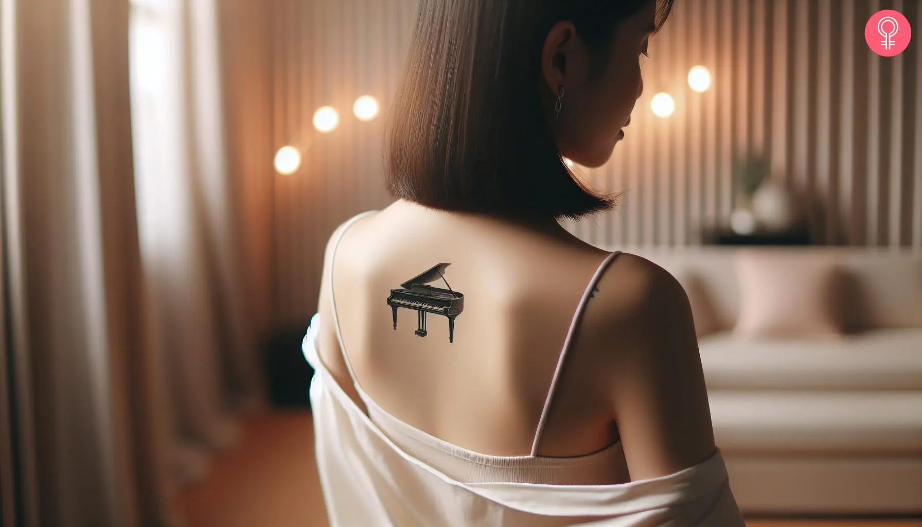 A minimalist piano tattoo on the back of a woman