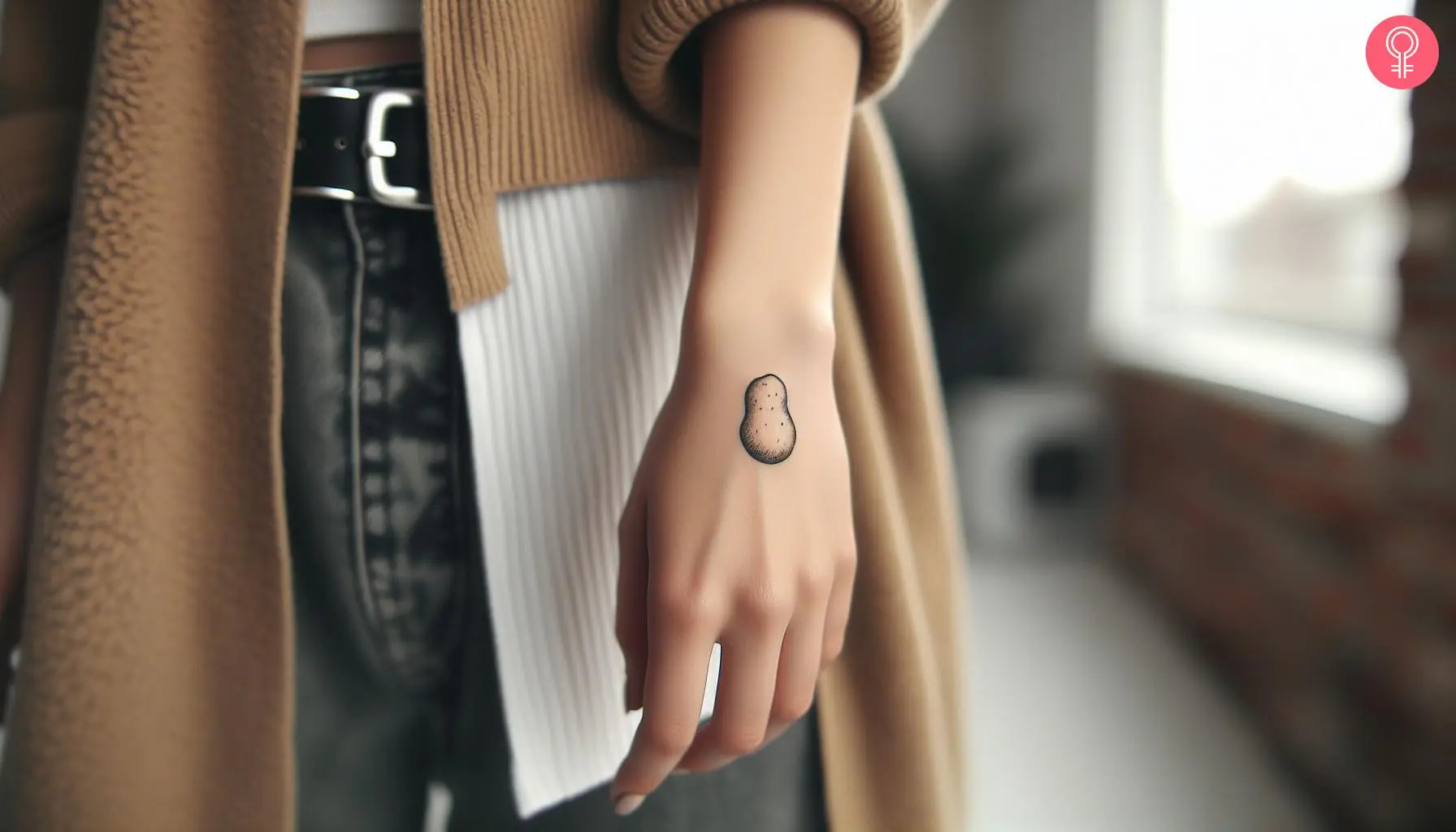 Minimalist potato tattoo on the hand of a woman