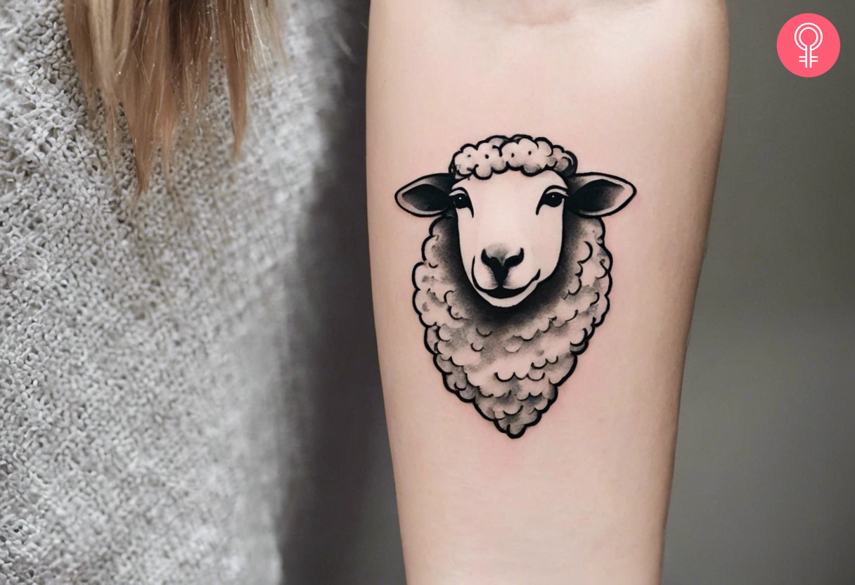 Minimalist white sheep head tattoo on the forearm