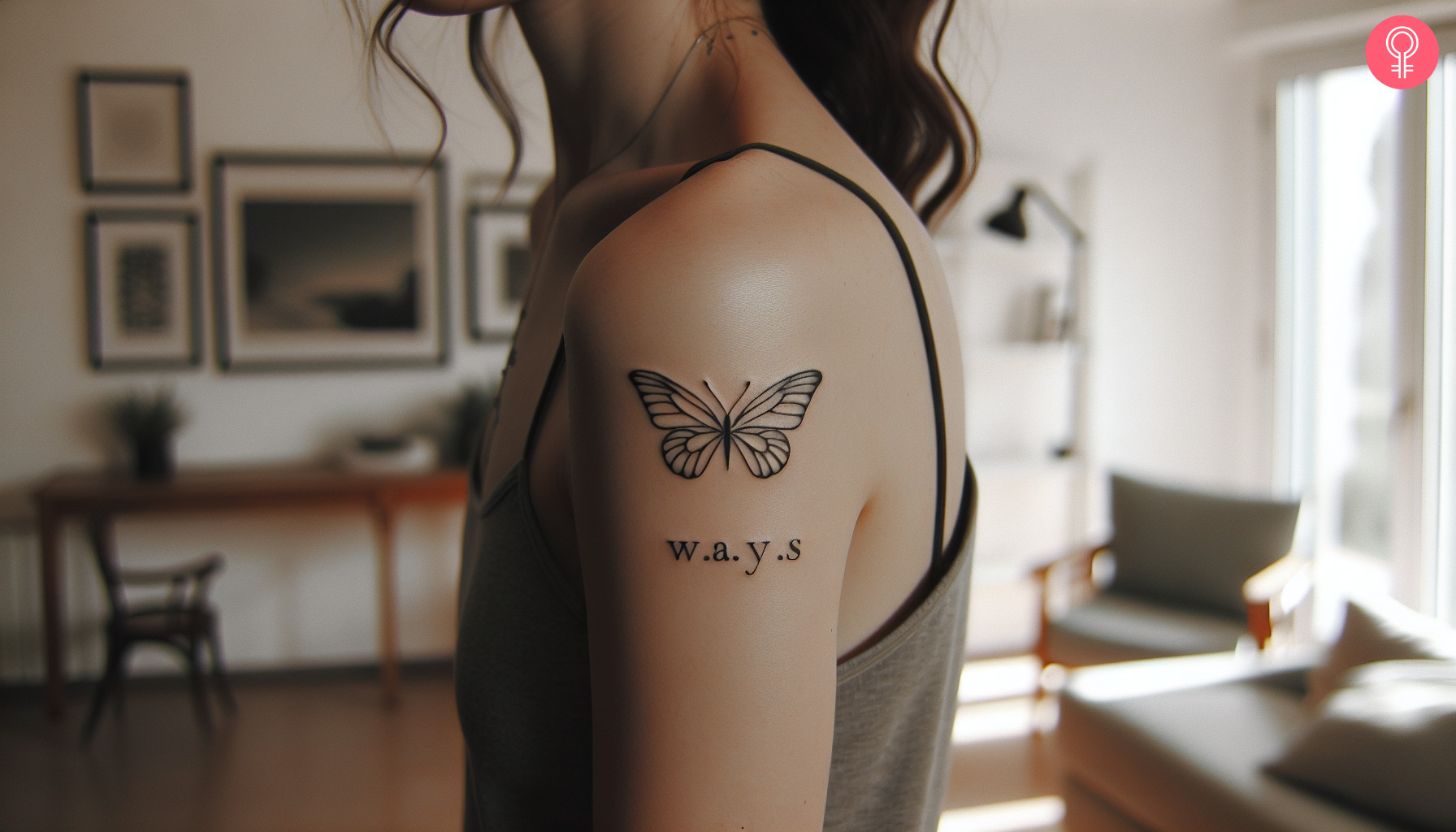 Minimalist W.A.Y.S tattoo with a butterfly on the upper arm