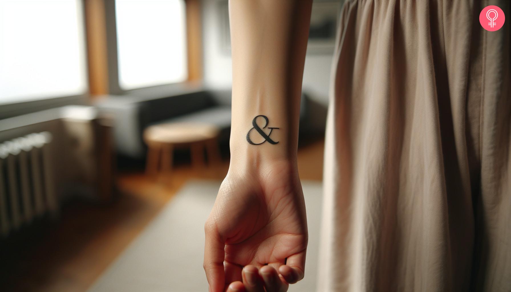 Minimalist ampersand tattoo on the wrist of a woman