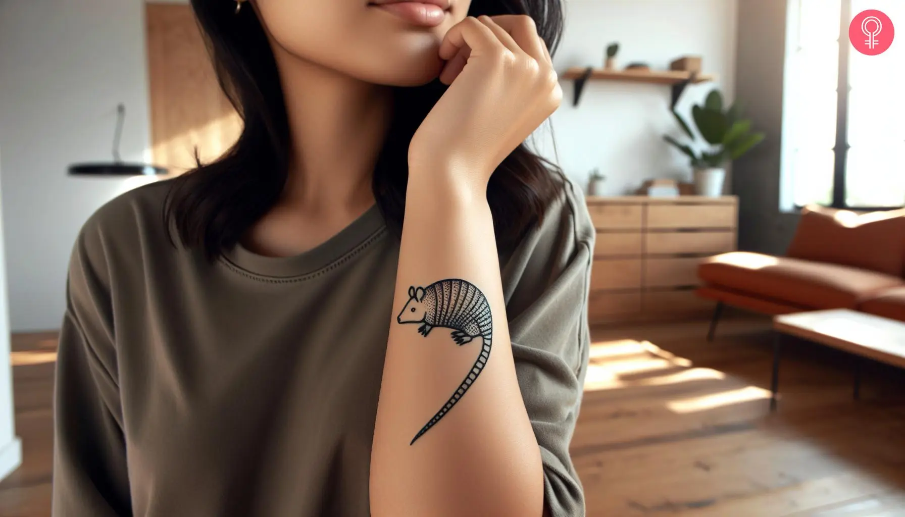 Minimalist armadillo tattoo on the forearm of a woman