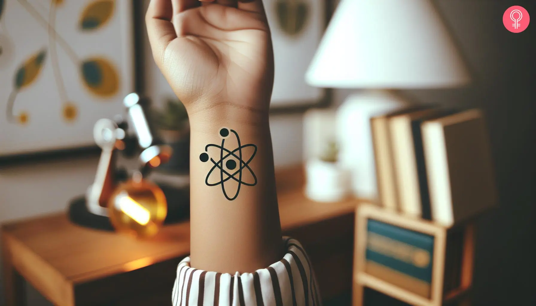 Minimalist atom tattoo design on the wrist of a woman