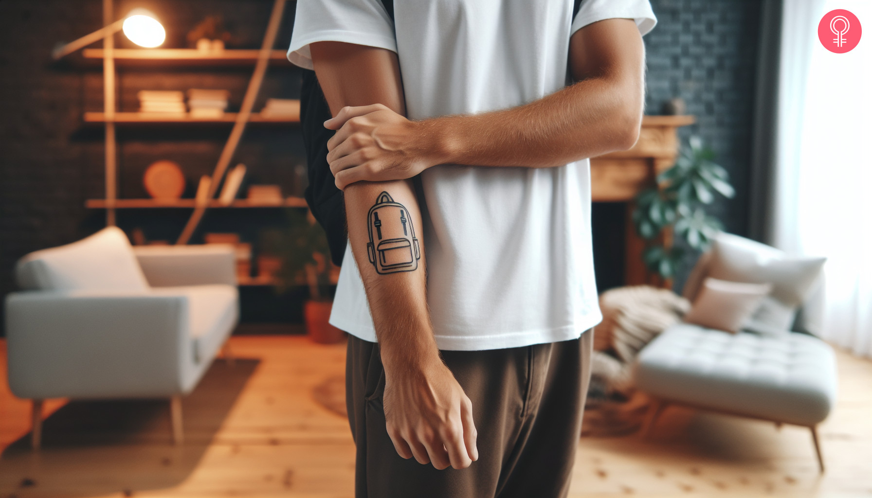 Minimalist backpack tattoo on the forearm