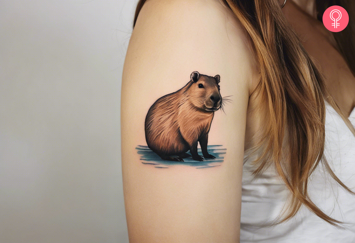 Minimalist capybara tattoo on a woman’s upper arm