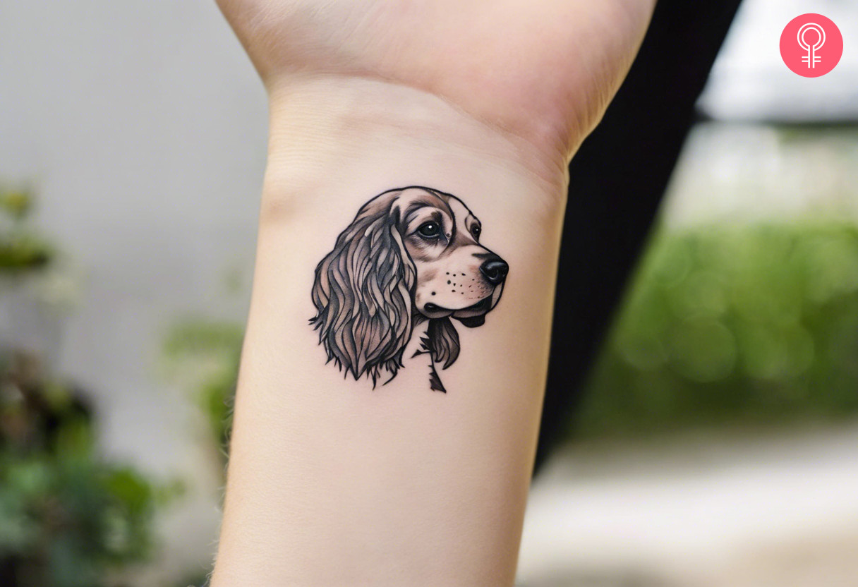 Minimalist cocker spaniel tattoo on a woman’s wrist