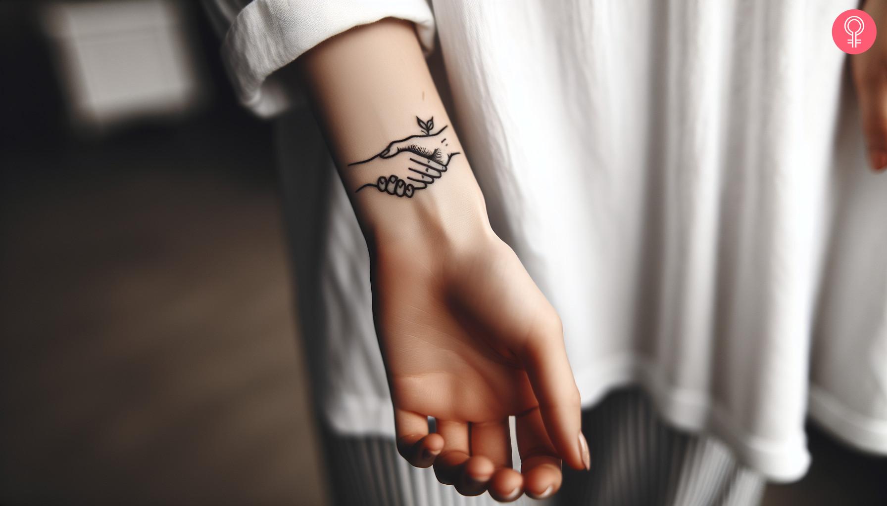 Minimalist handshake tattoo on a woman's wrist