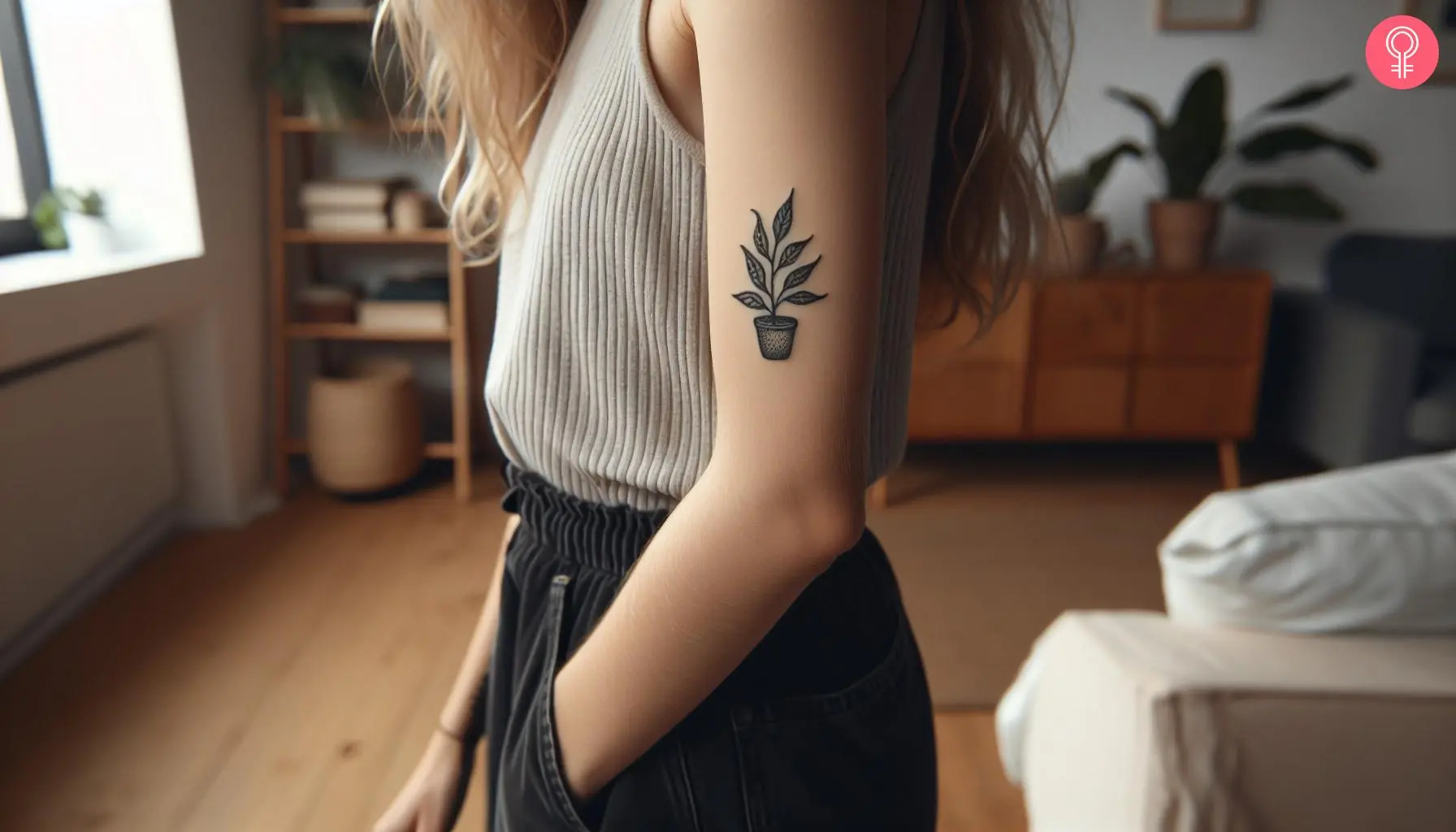 Minimalist houseplant tattoo on the upper arm