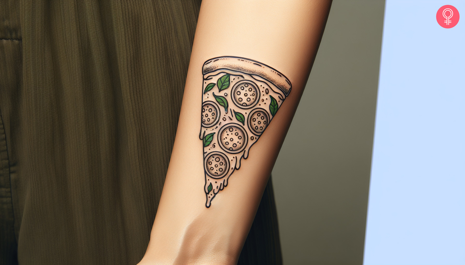 Minimalist pizza tattoo on the upper wrist