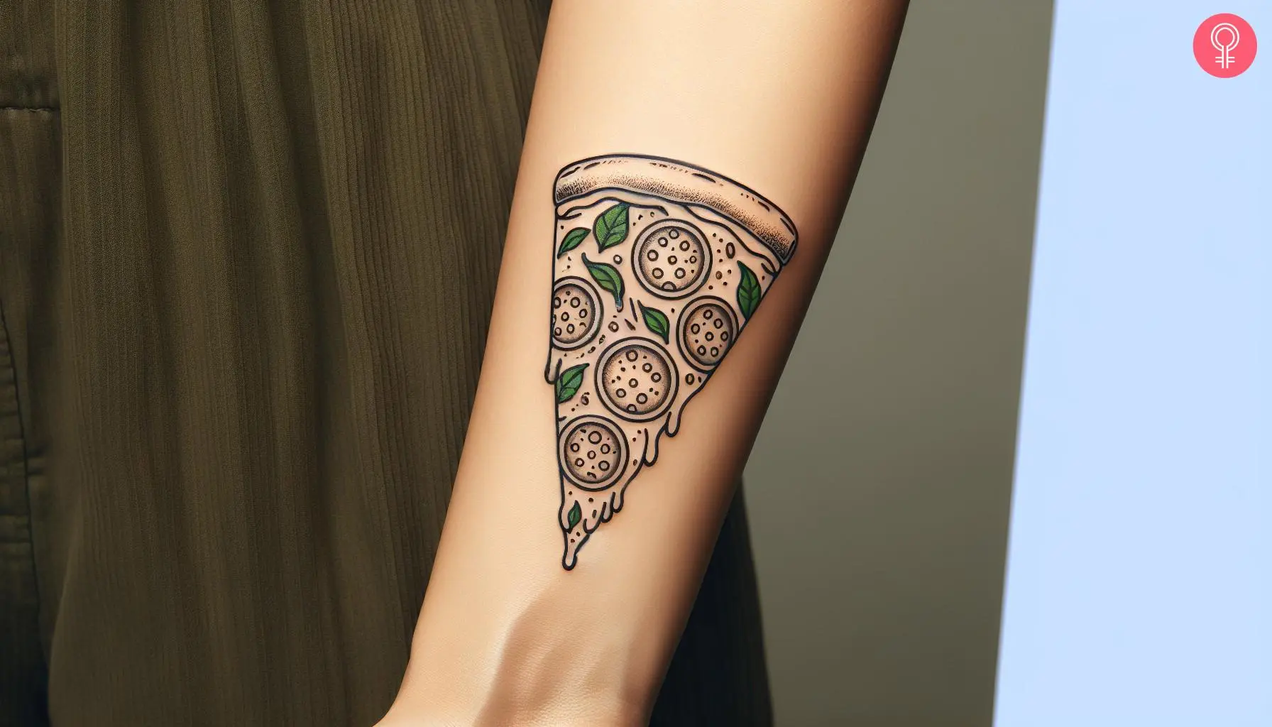 Minimalist pizza tattoo on the upper wrist