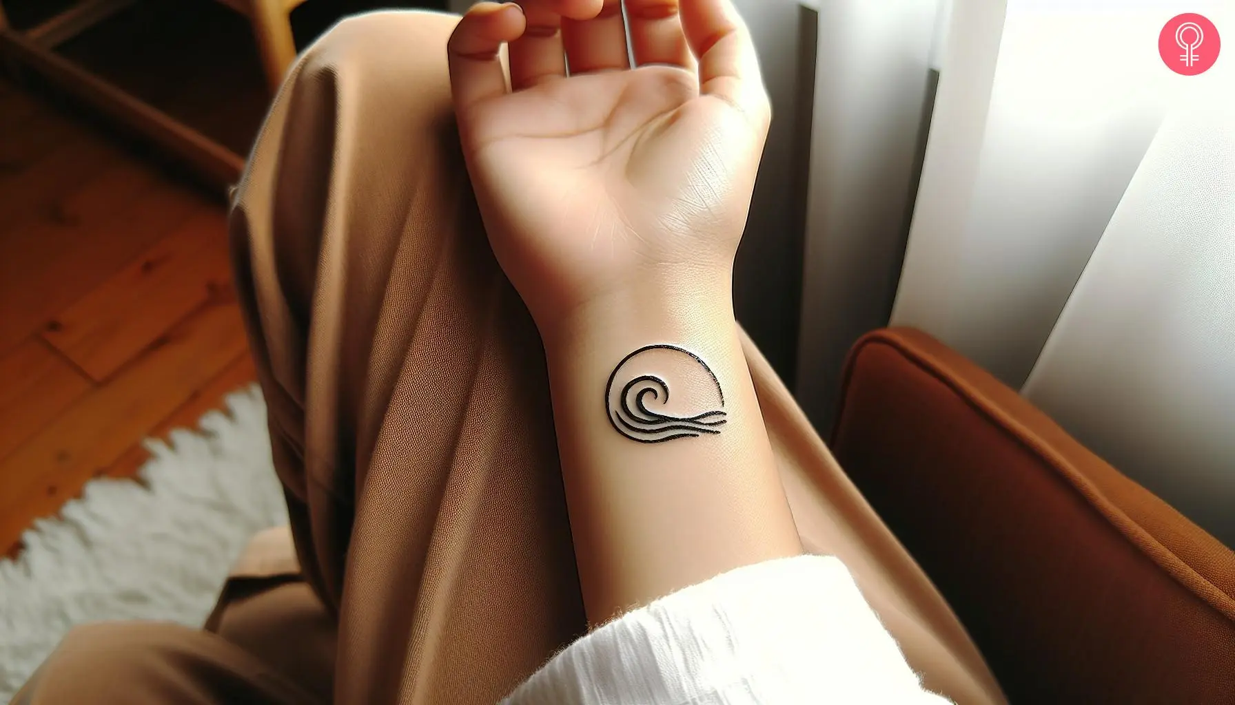 Minimalist sun and wave tattoo on the wrist of a woman