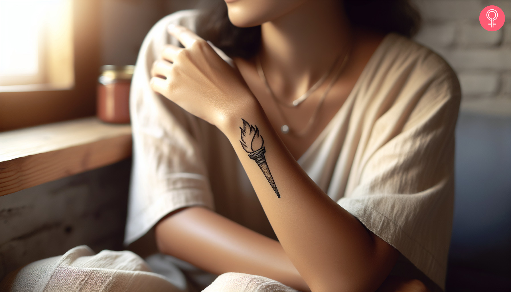 Minimalist torch tattoo on the wrist of a woman