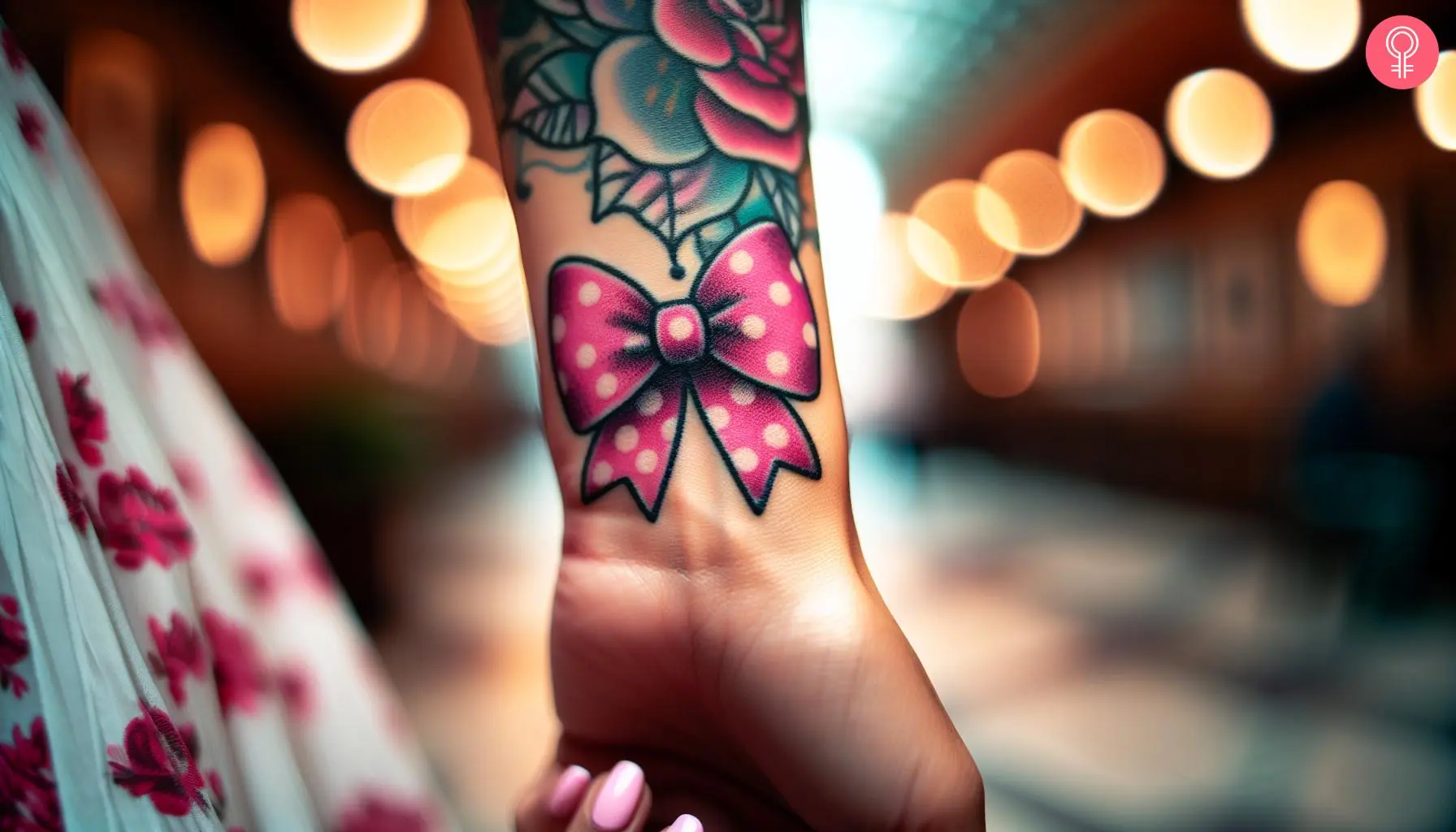 Minnie Mouse bow tattoo on the wrist of a woman