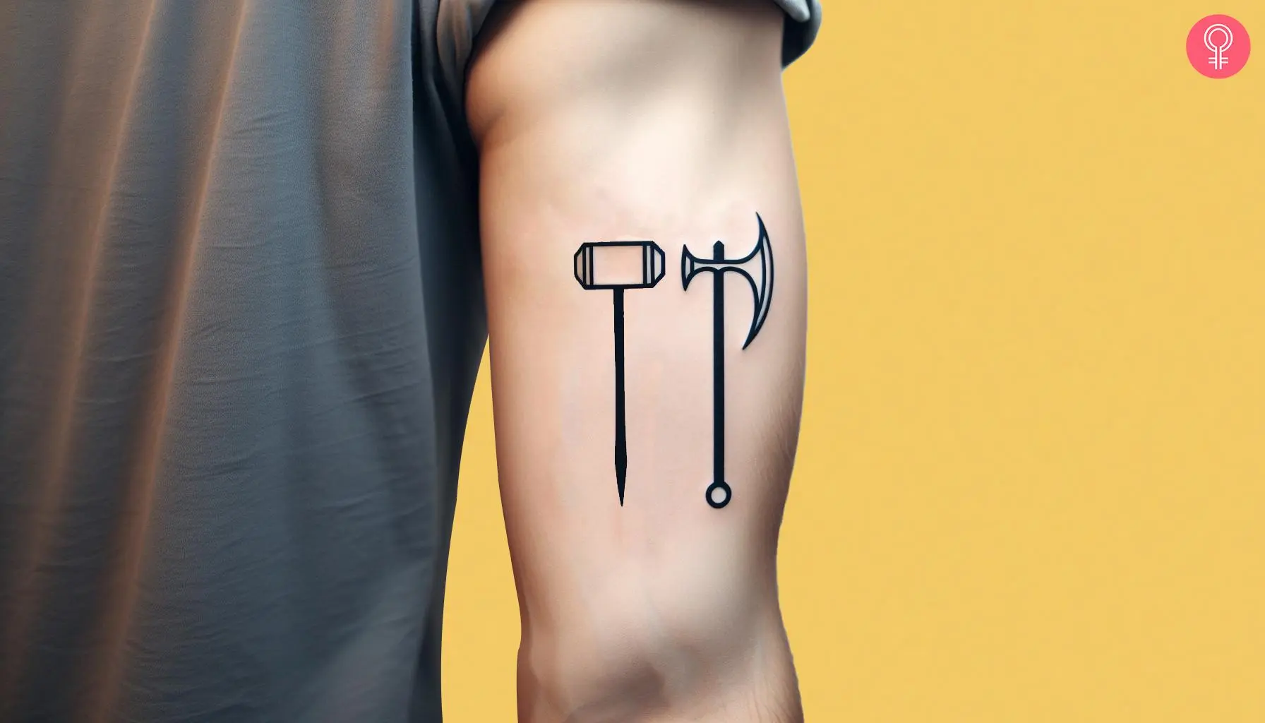 A tattoo on a man’s arm featuring Mjolnir and Stormbreaker