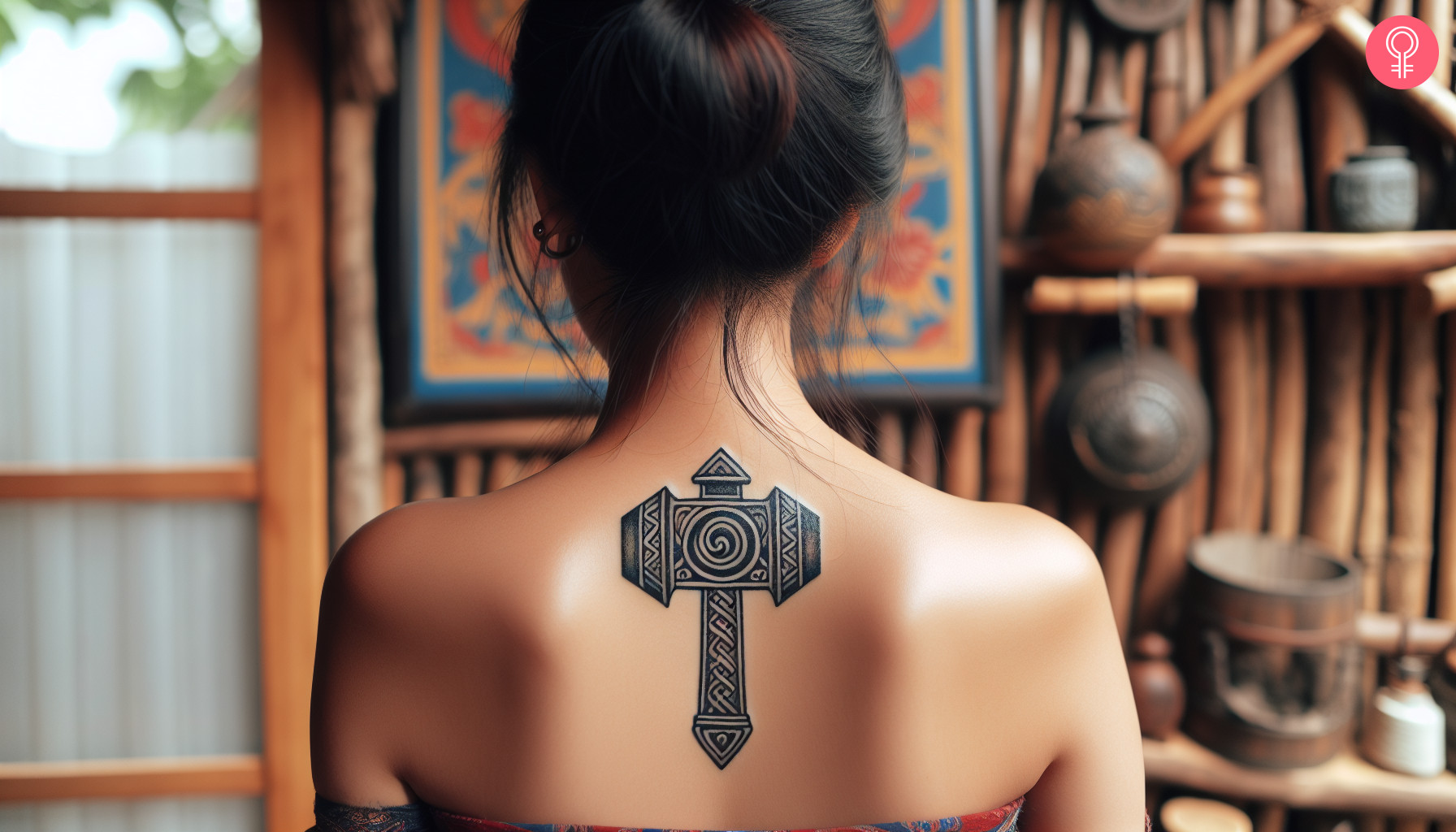 A Mjolnir tattoo on a woman’s upper back