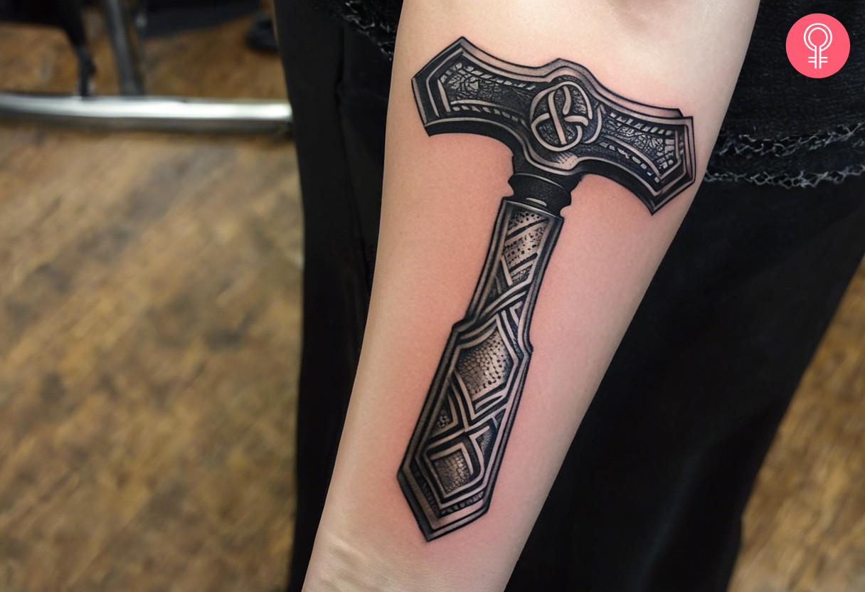 A Mjolnir tattoo on a woman’s forearm