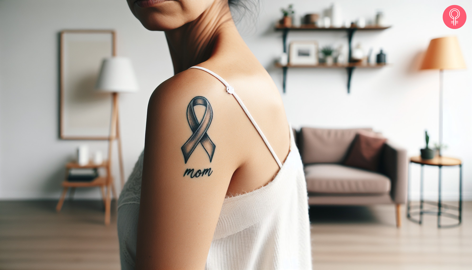 A Mom lung cancer ribbon tattoo on the back of the shoulder