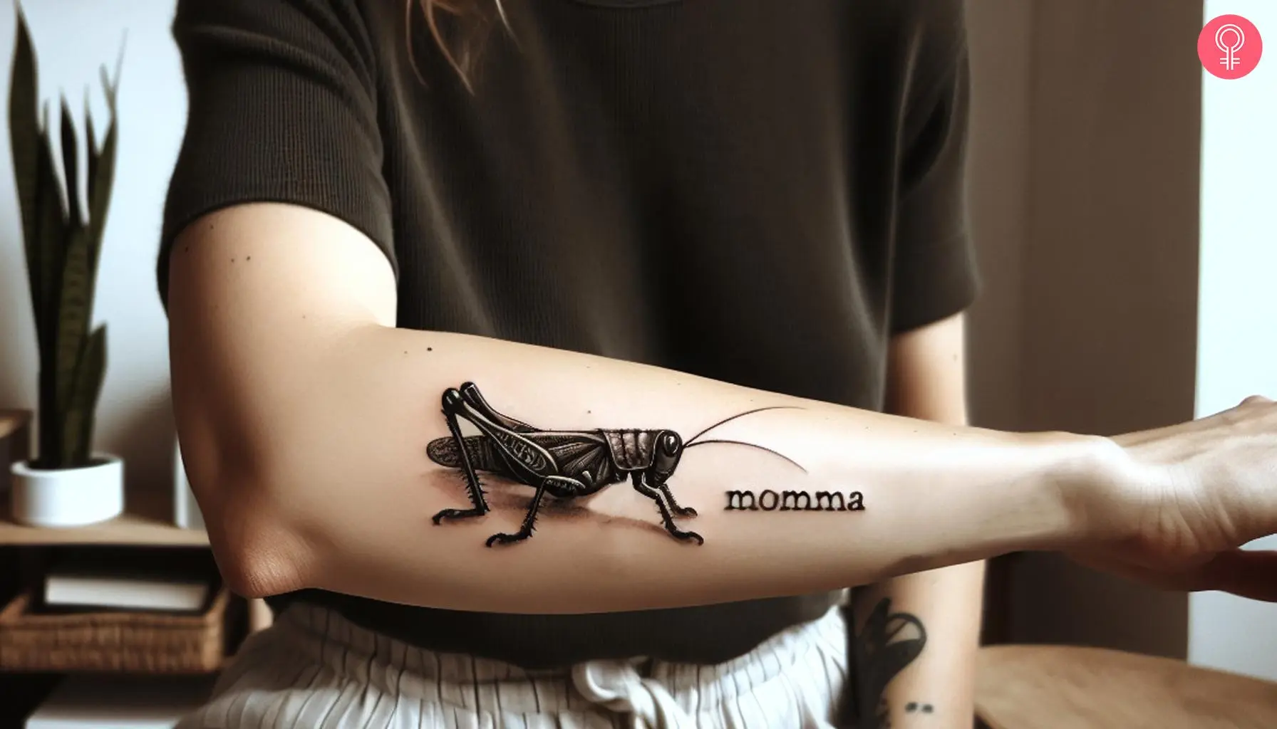 A momma grasshopper tattoo on the forearm