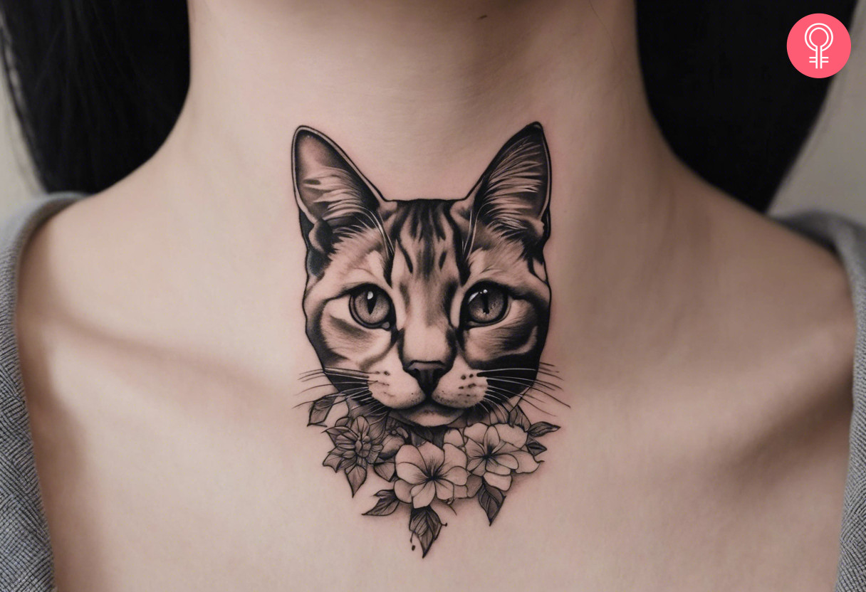 A woman wearing a monochromatic portrait tattoo on the front neck