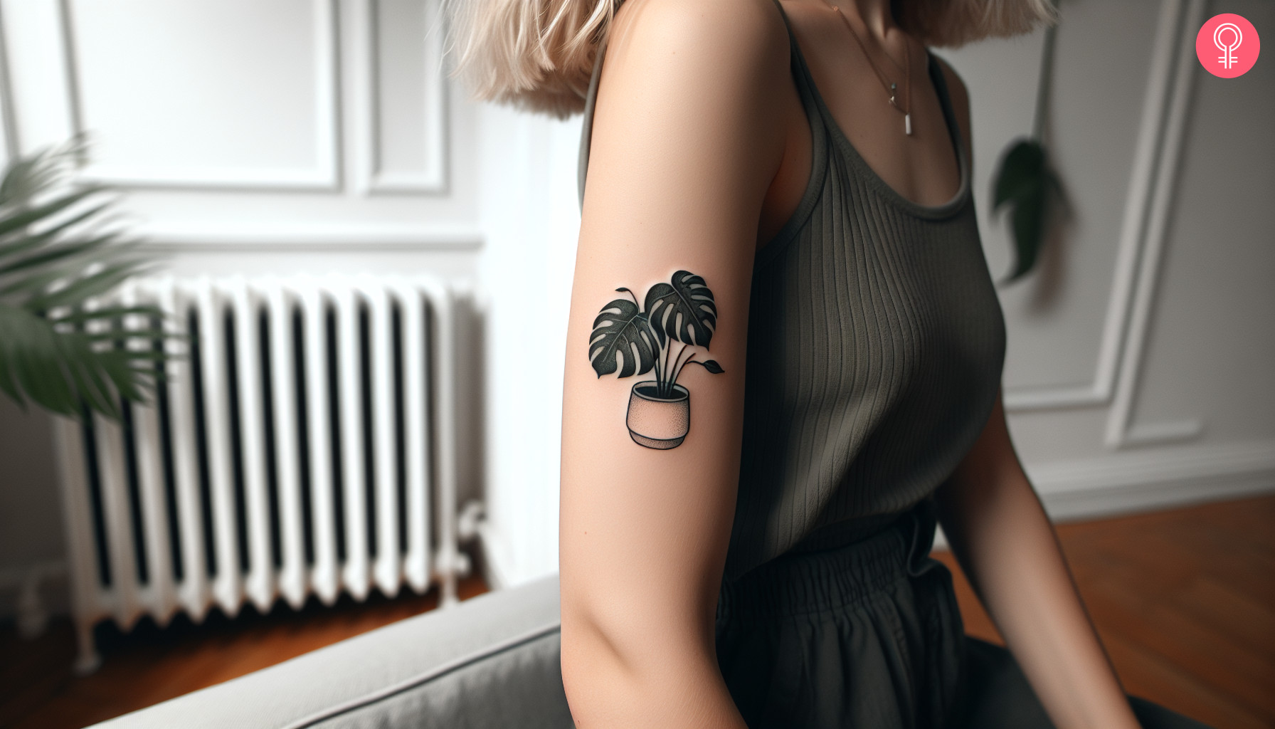 Monstera houseplant tattoo on the upper arm