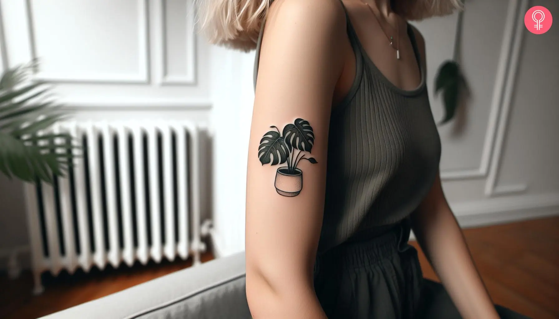 Monstera houseplant tattoo on the upper arm