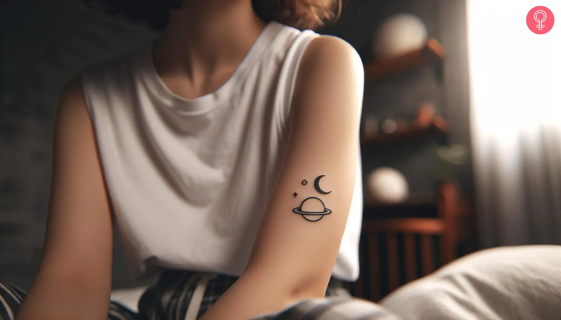 A moon and saturn tattoo on a woman’s upper arm