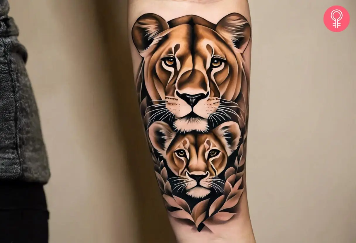 A tattoo on a woman’s upper arm showing a lion and cub