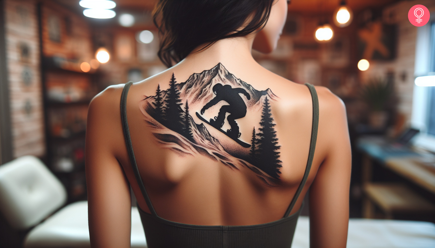 Mountain snowboard tattoo on the upper back of a woman