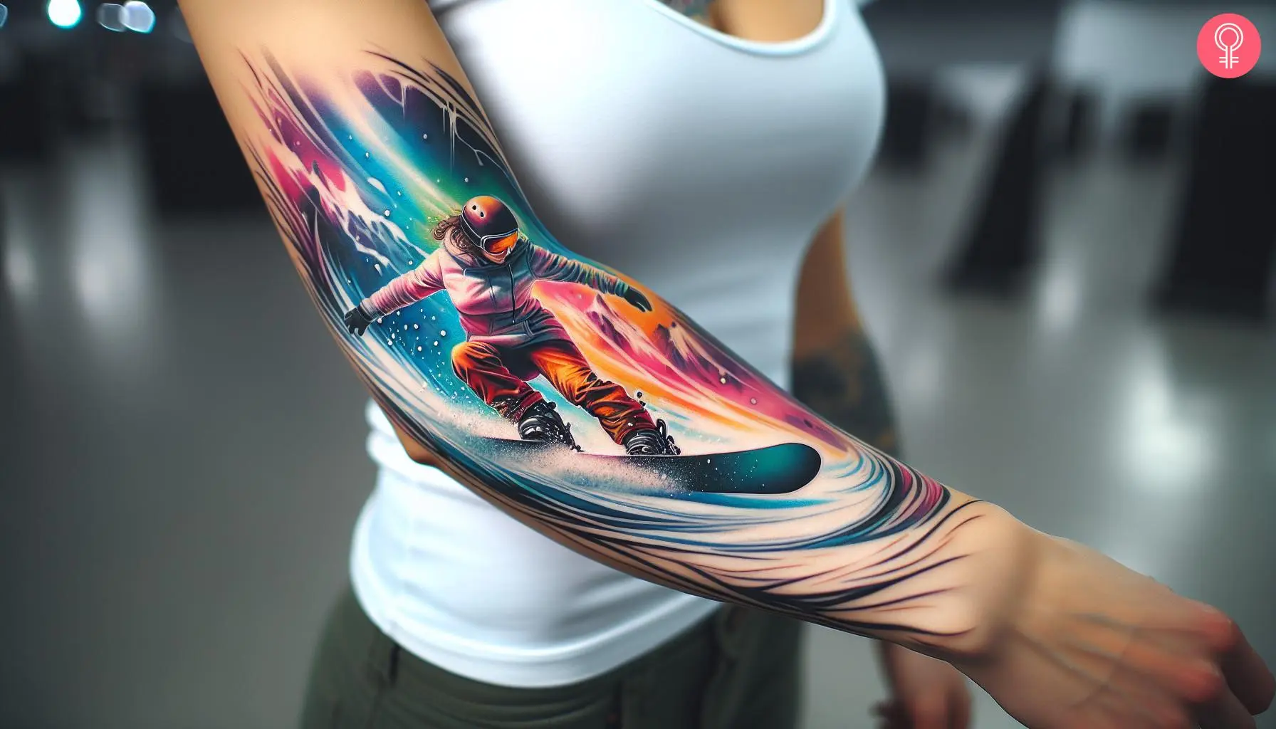 Multicolor snowboarding tattoo on the arm of a woman