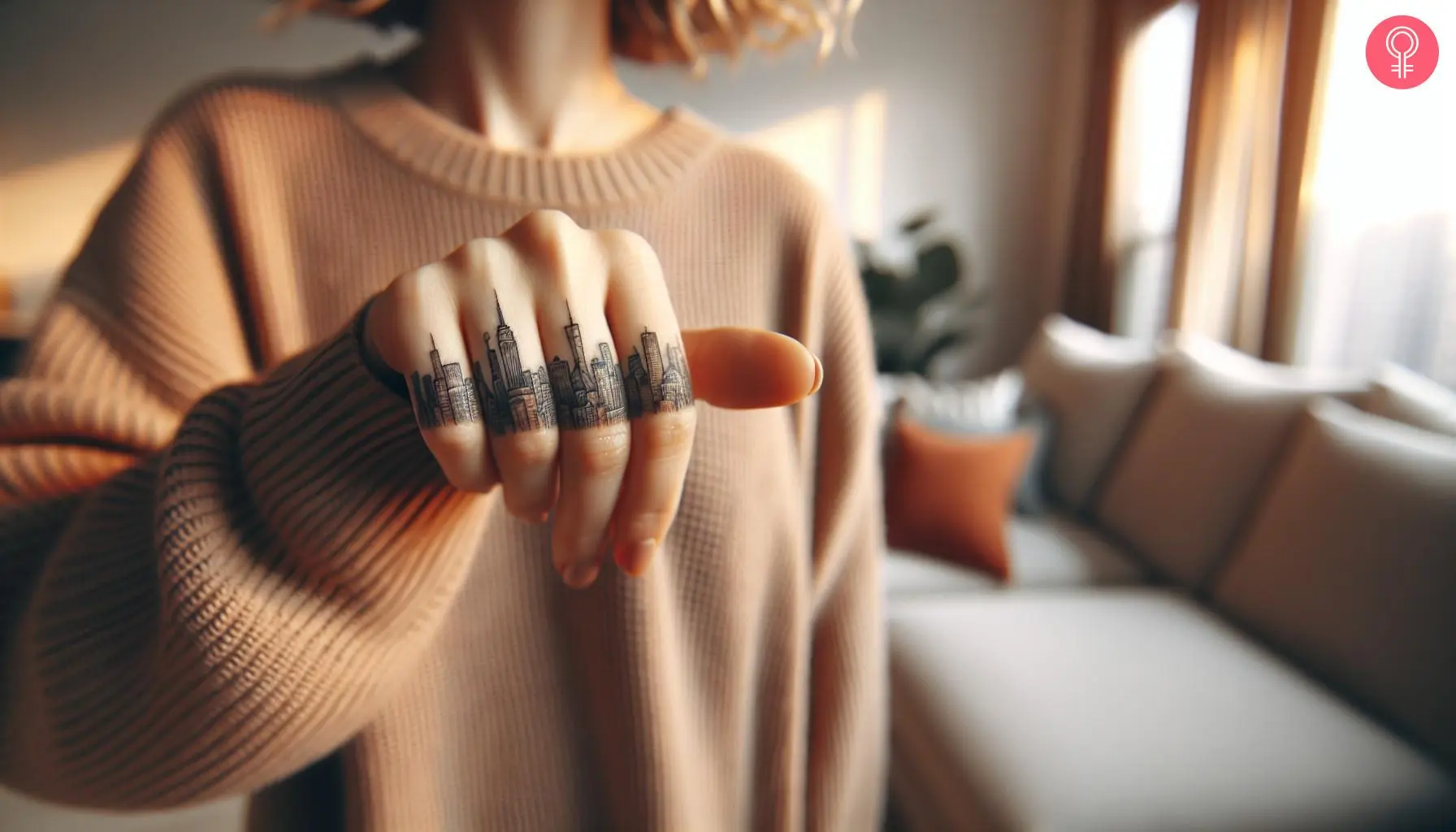 A NYC skyline tattoo on the fingers of a woman