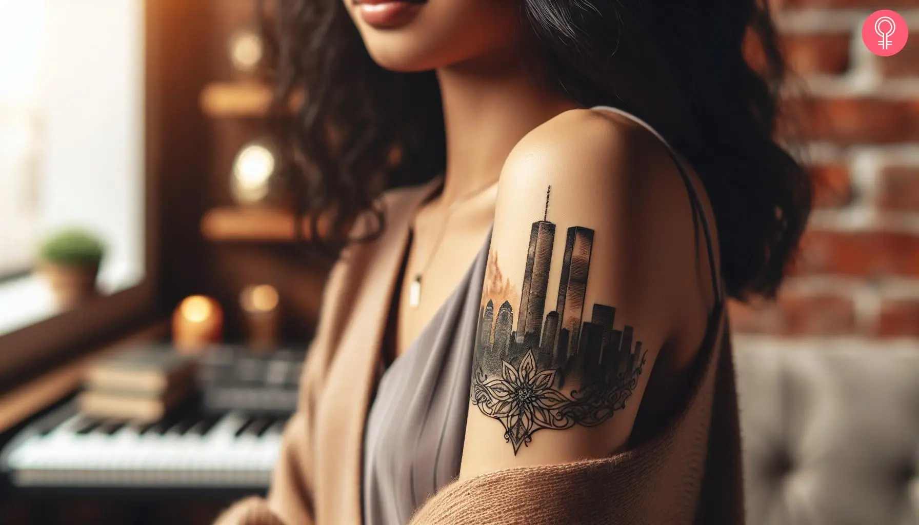 A NYC skyline with twin towers tattoo on the upper arm of a woman