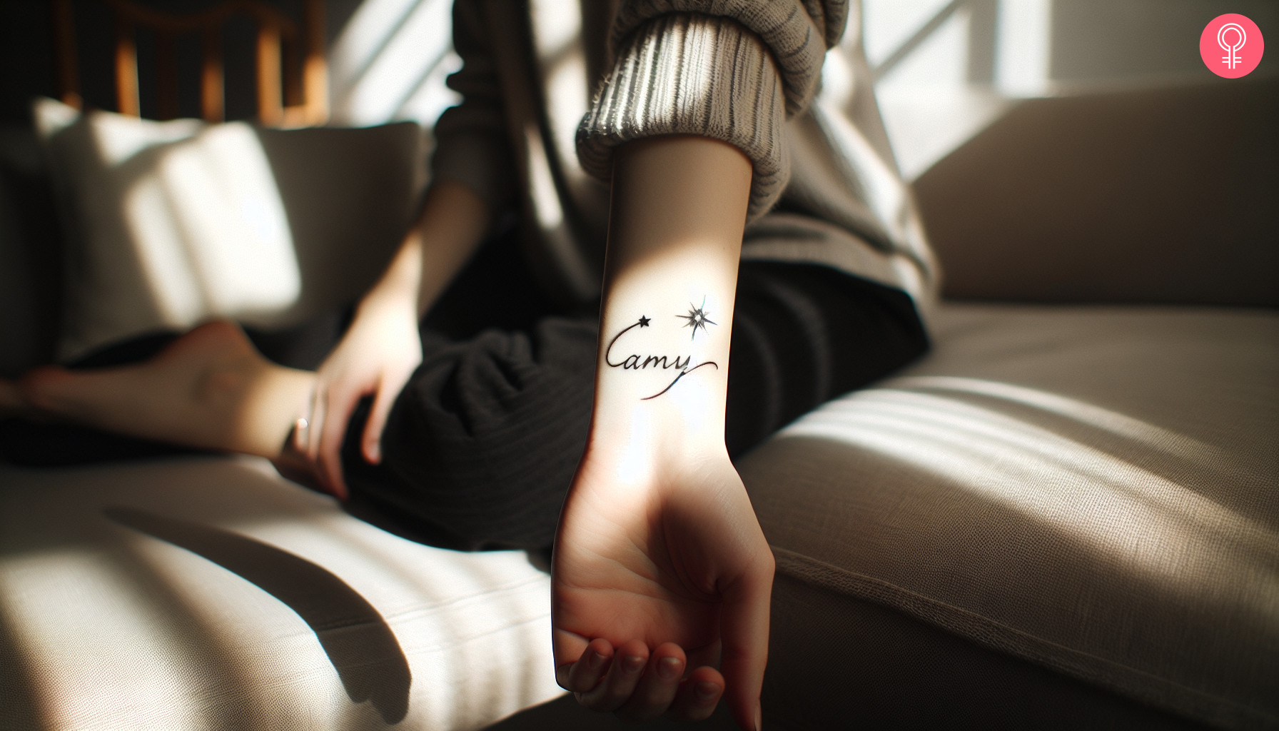 Name comet tattoo on the inner wrist of a woman