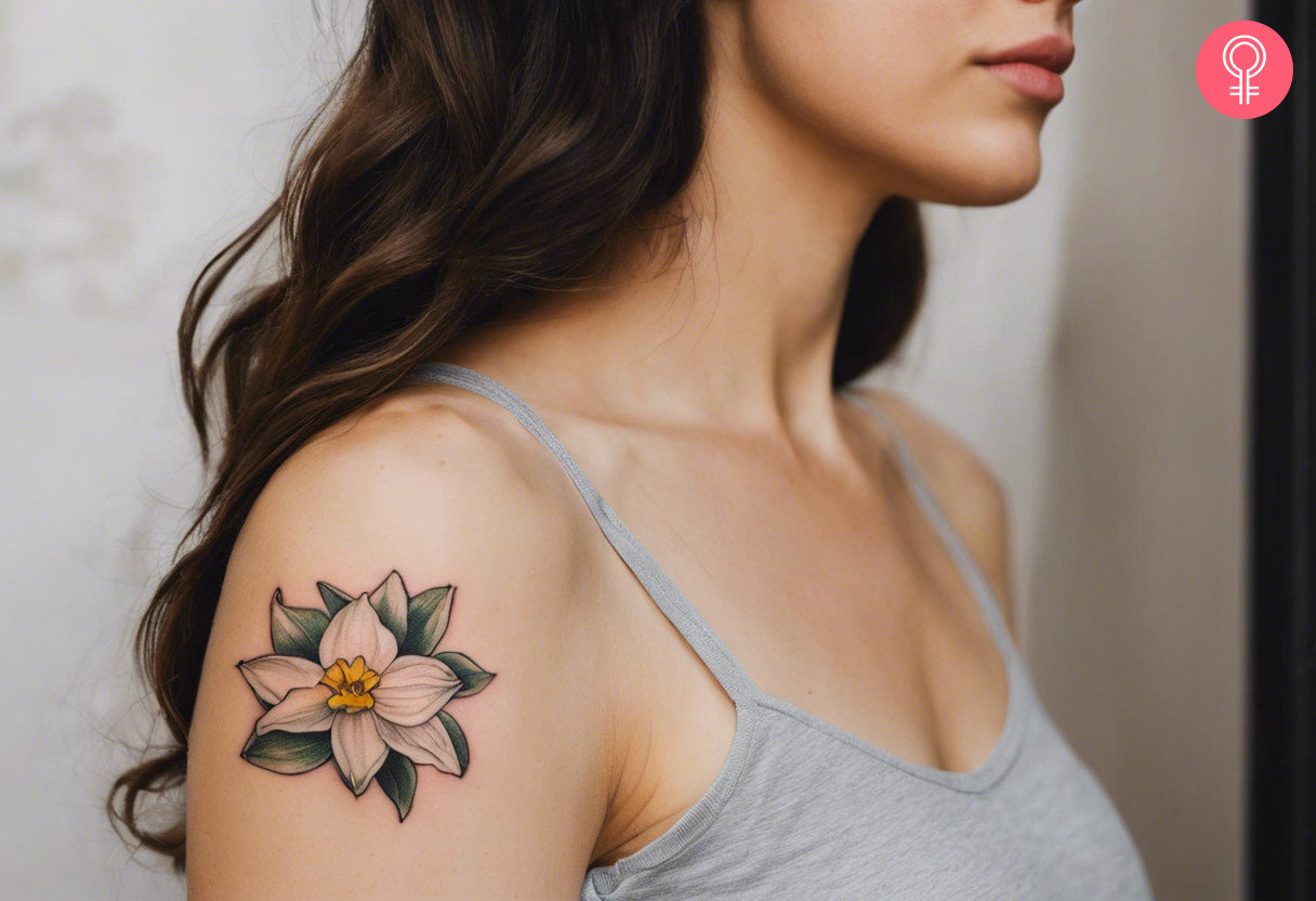 Narcissus December birth flower tattoo on the upper arm