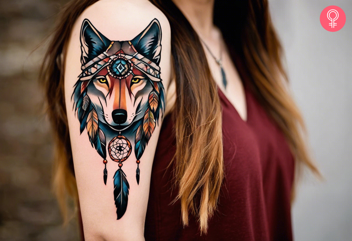 Native American wolf dreamcatcher tattoo on a woman’s arm