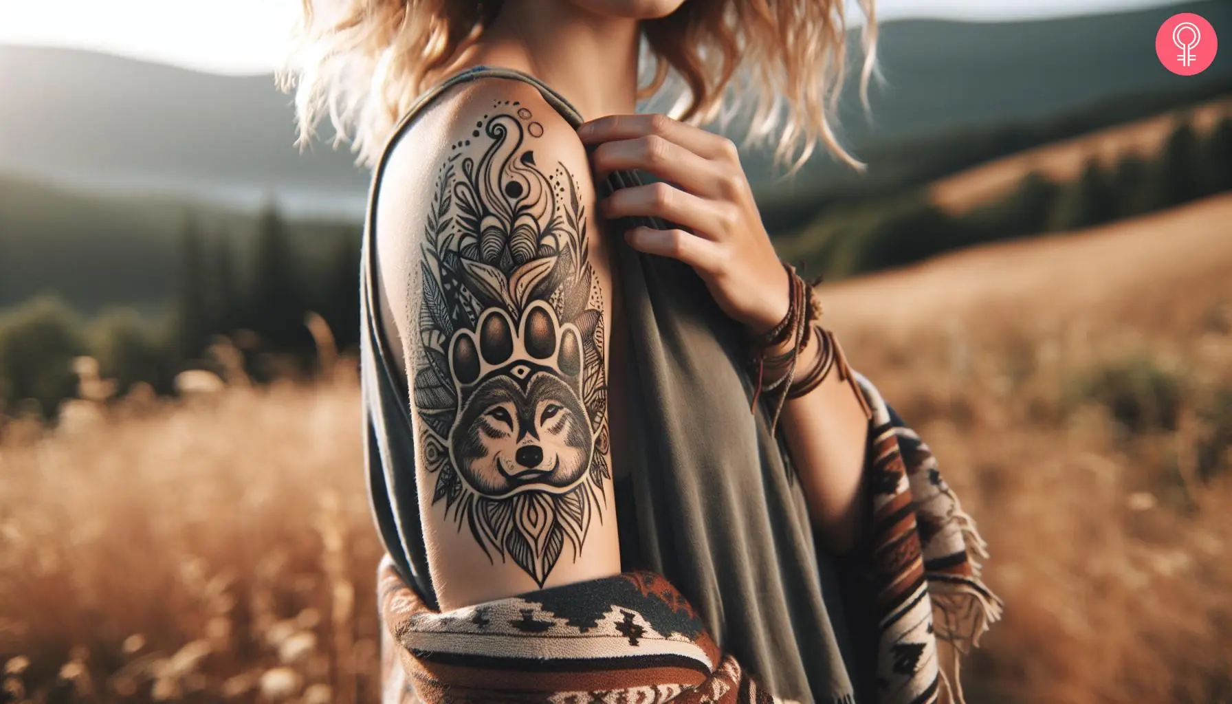 Native american wolf paw tattoo on the upper arm of a woman