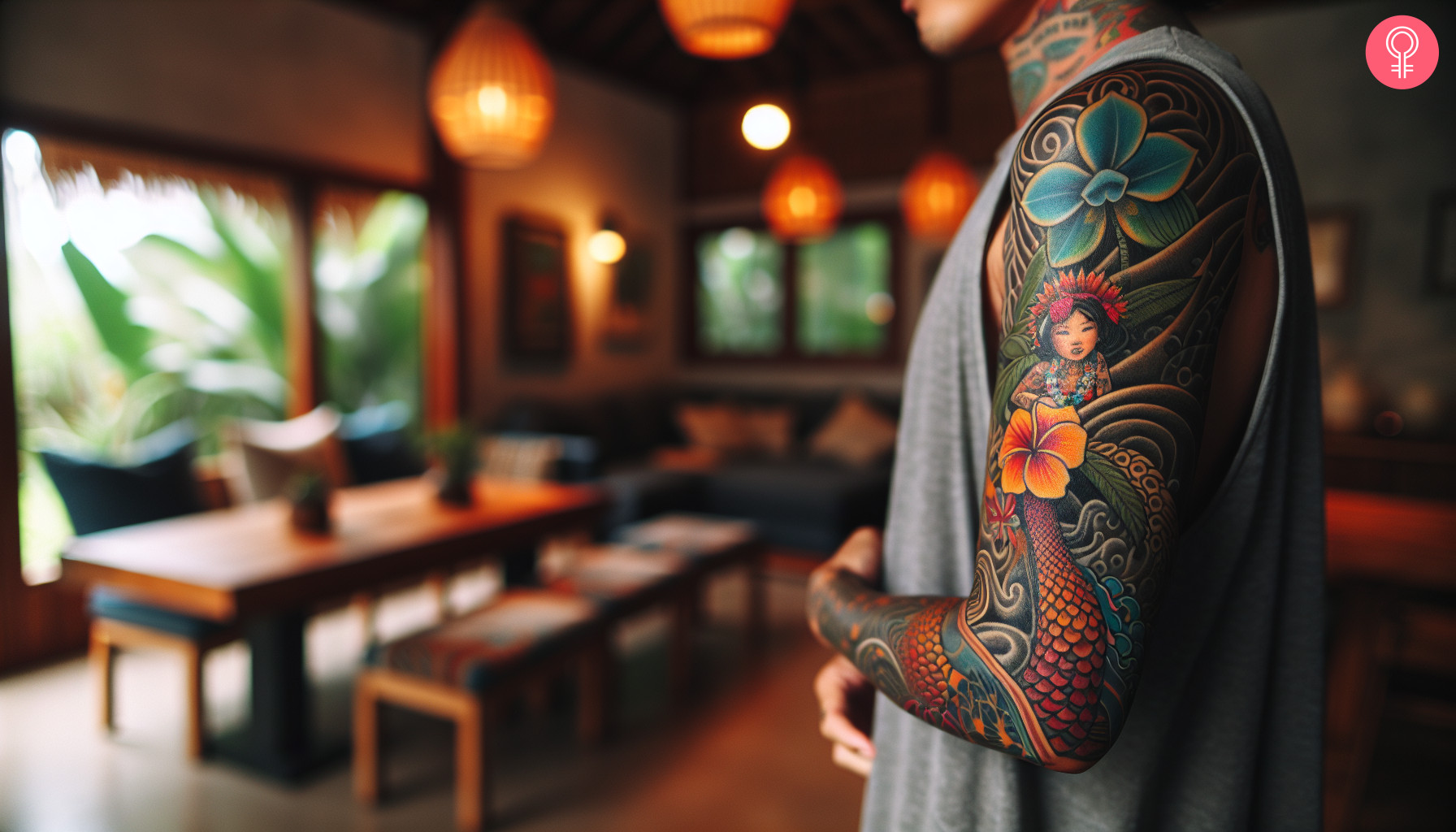 A woman with a hula girl tattoo with island life motifs