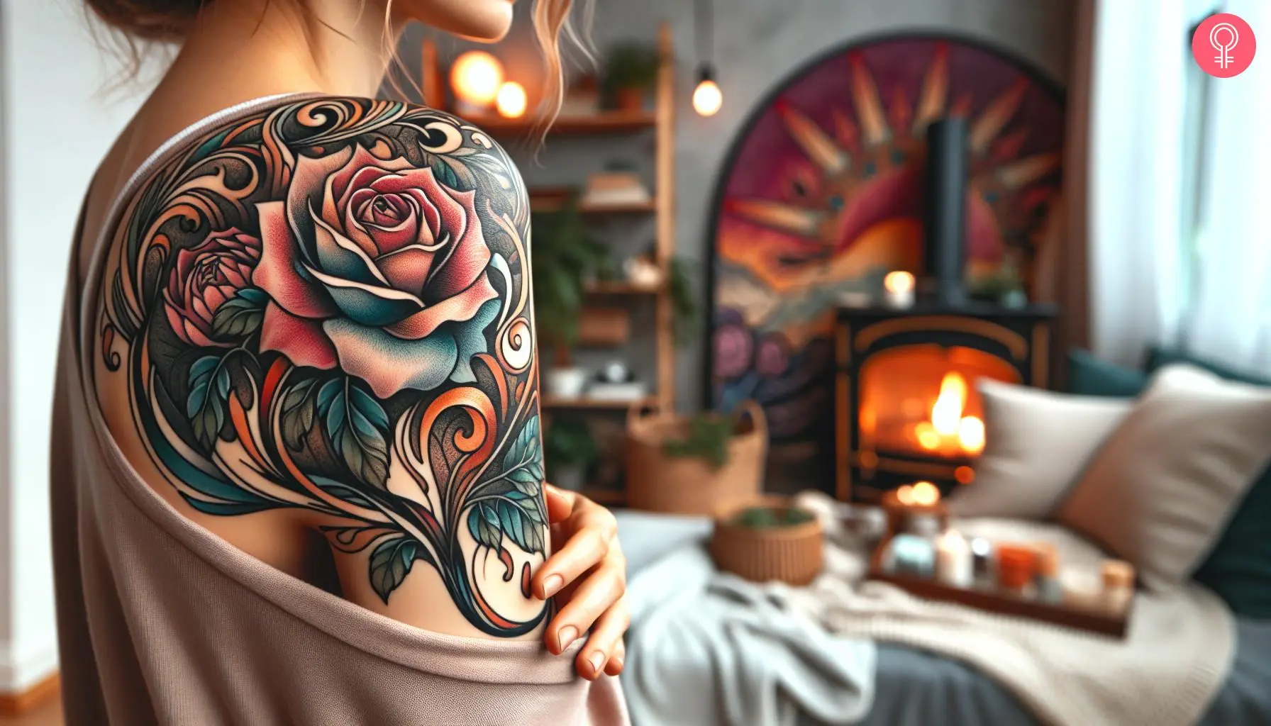 An art nouveau style ornate floral tattoo on the shoulder of a woman