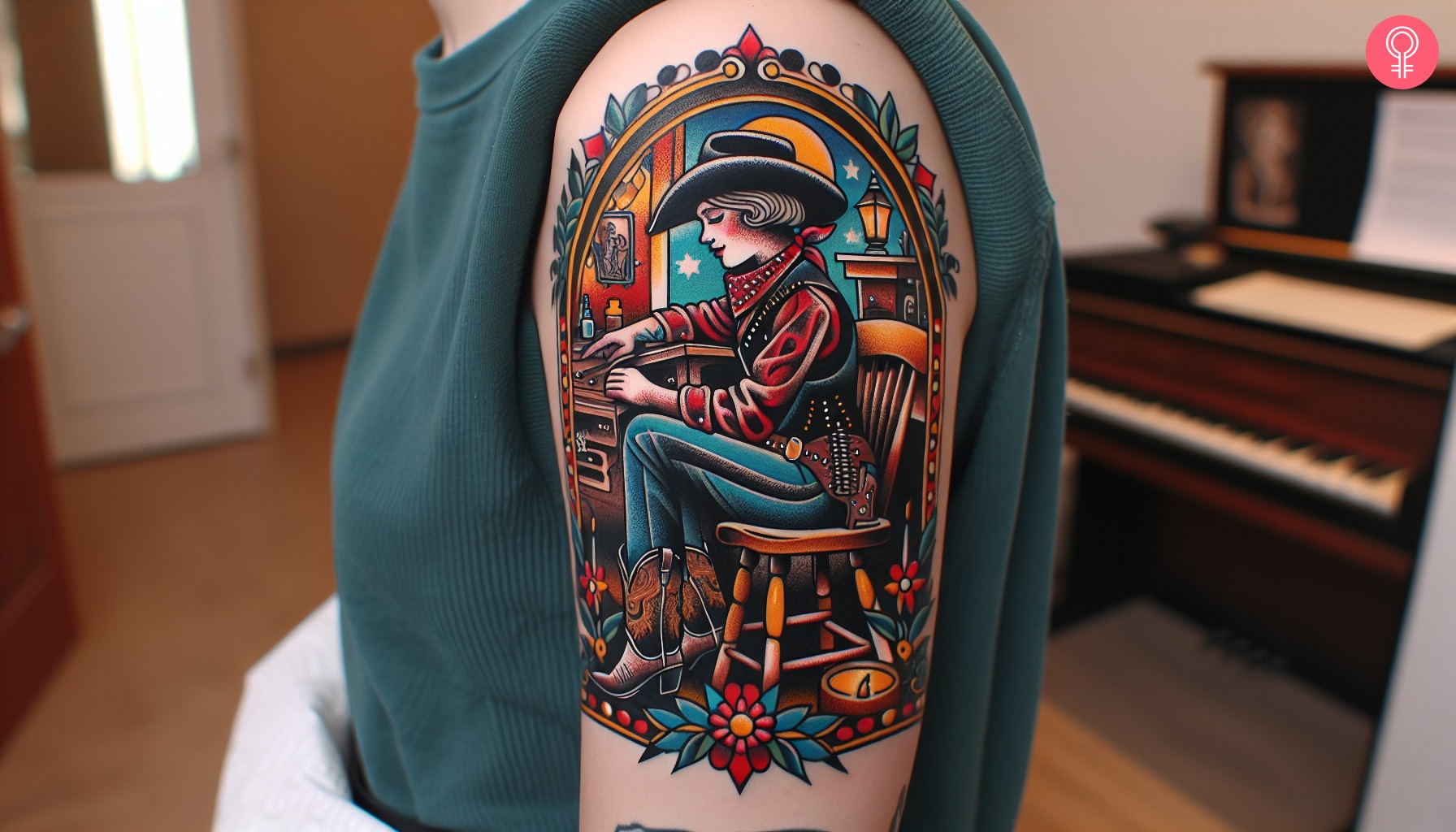 Neo-traditional cowgirl tattoo on the upper arm of a woman