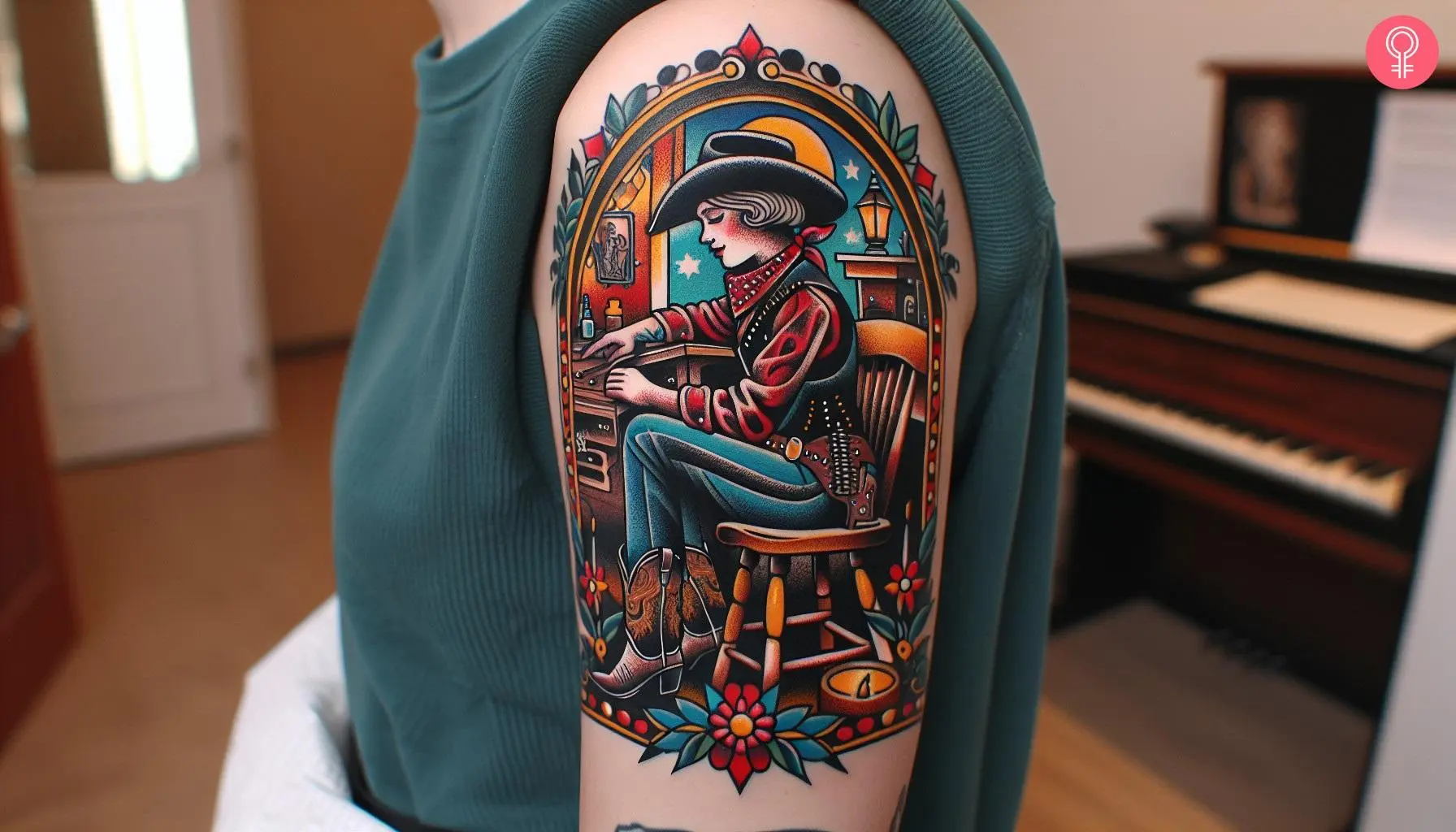 Neo-traditional cowgirl tattoo on the upper arm of a woman