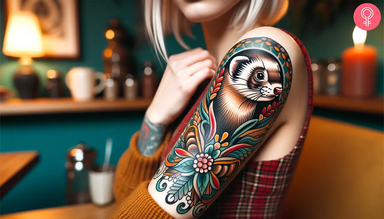 Neo-traditional ferret tattoo with a flower on the upper arm