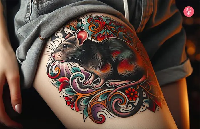 A woman with a neo traditional rat tattoo on her thigh