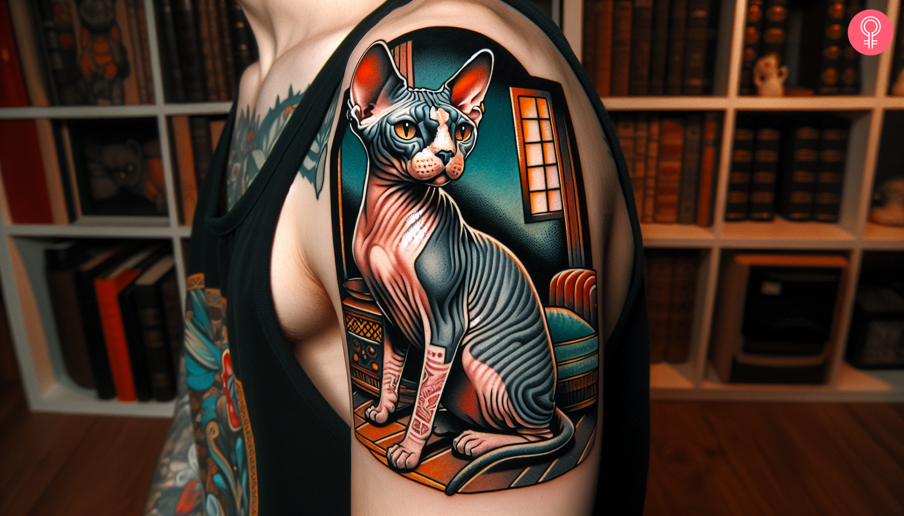 Neo traditional Sphynx cat tattoo on the upper arm