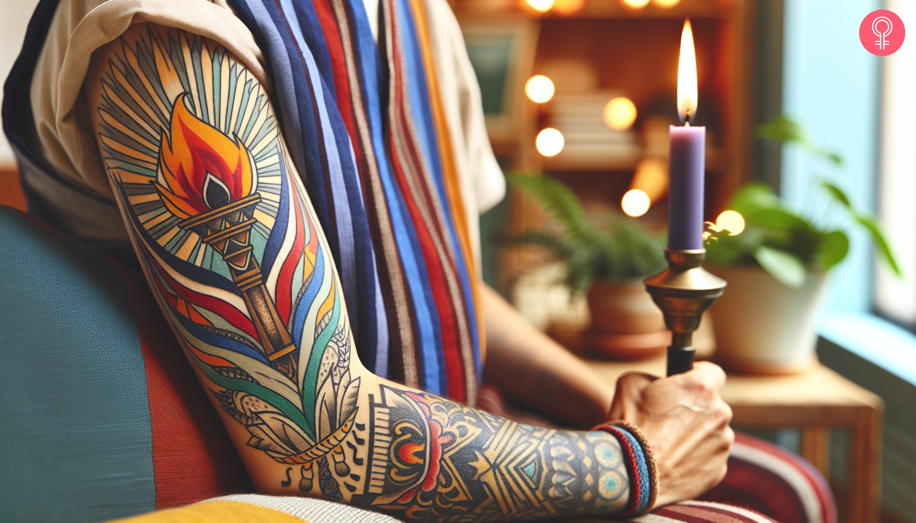 Neo-traditional torch tattoo on the sleeve of a man