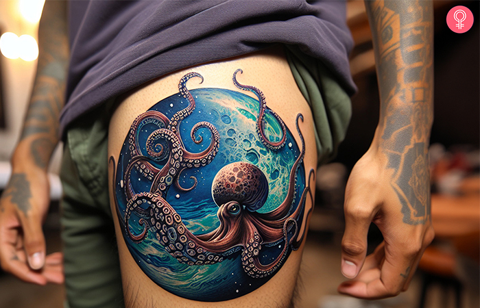 Neptune and octopus tattoo design on the arm sleeve of a man