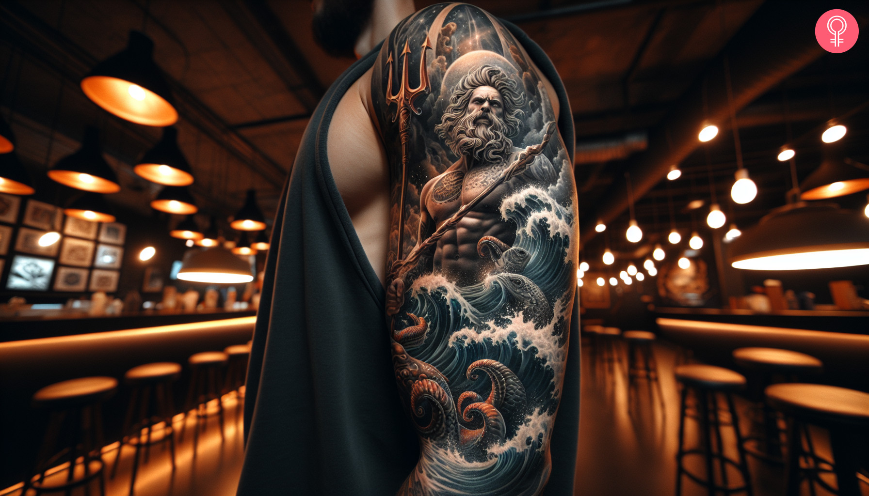 A Neptune god tattoo design on the arm of a man