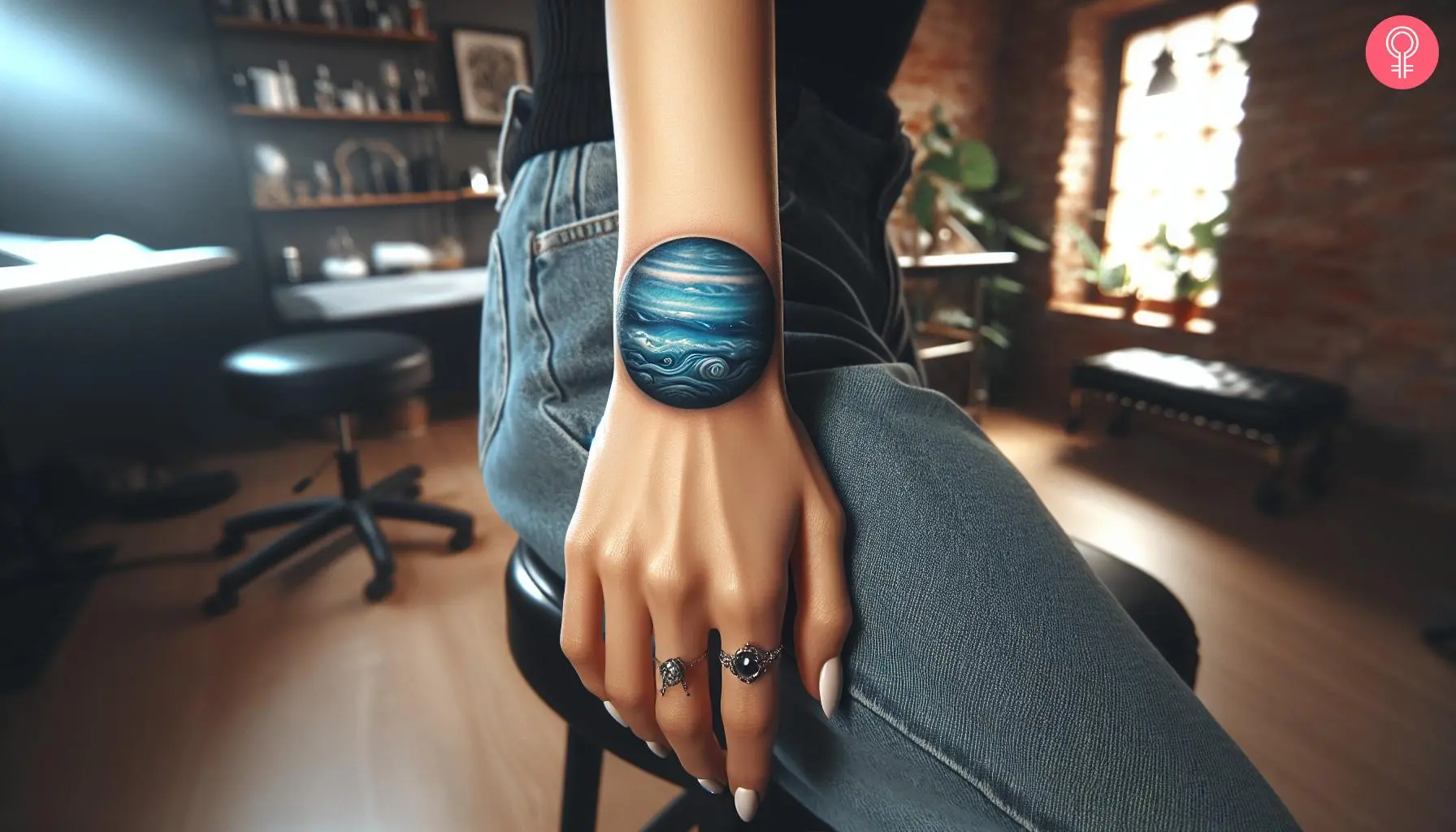 A Neptune planet tattoo design on the hand of a woman