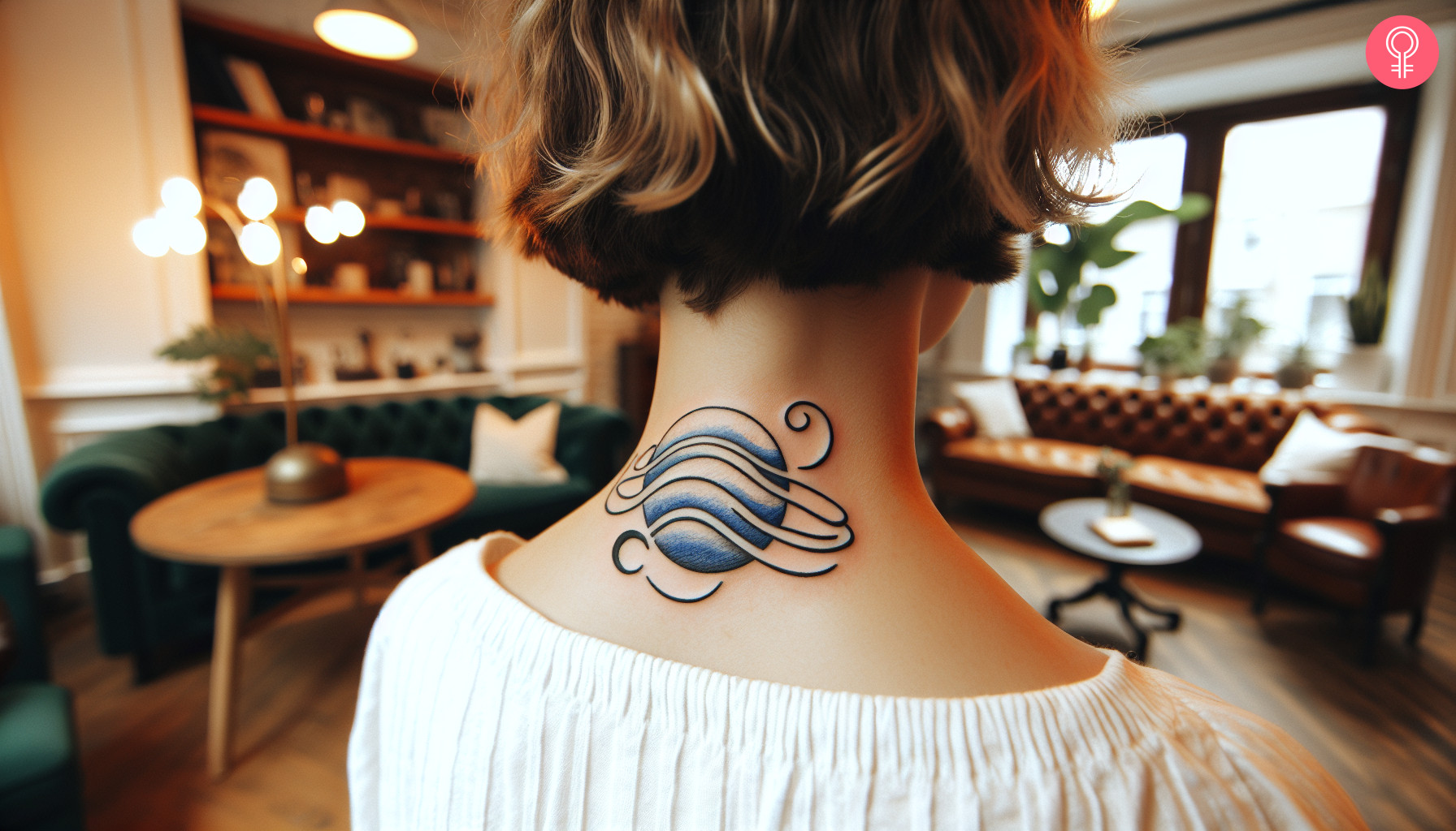 A Neptune drawing tattoo design on the neck of a woman