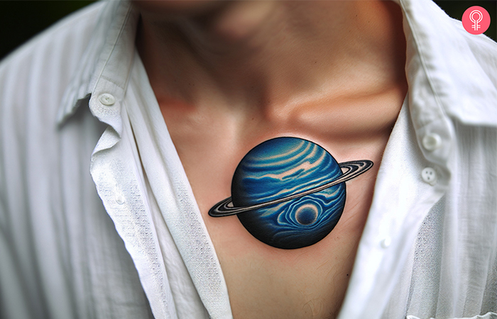 A Neptune tattoo design on the chest of a man