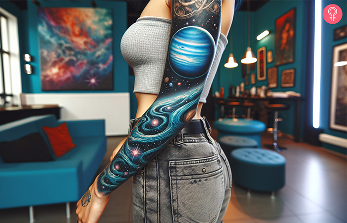 Neptune tattoo design on the arm sleeve of a woman