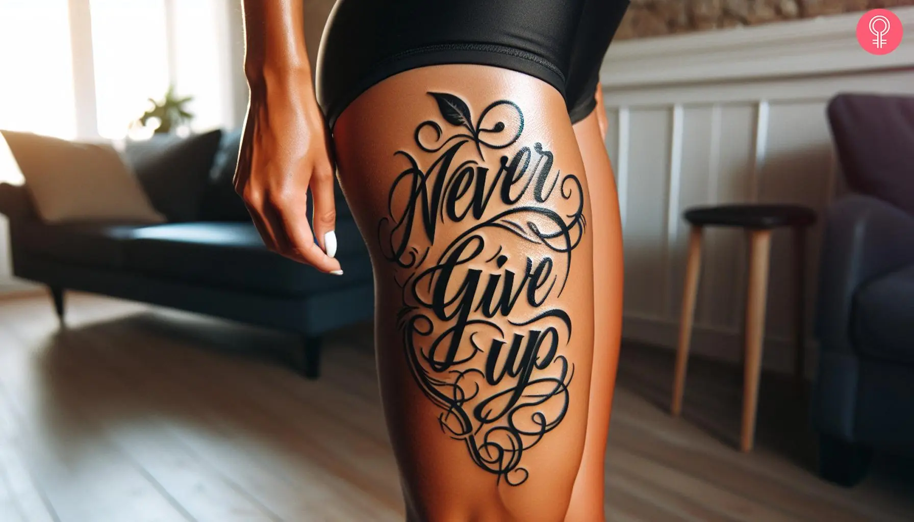 Never give up tattoo on the leg